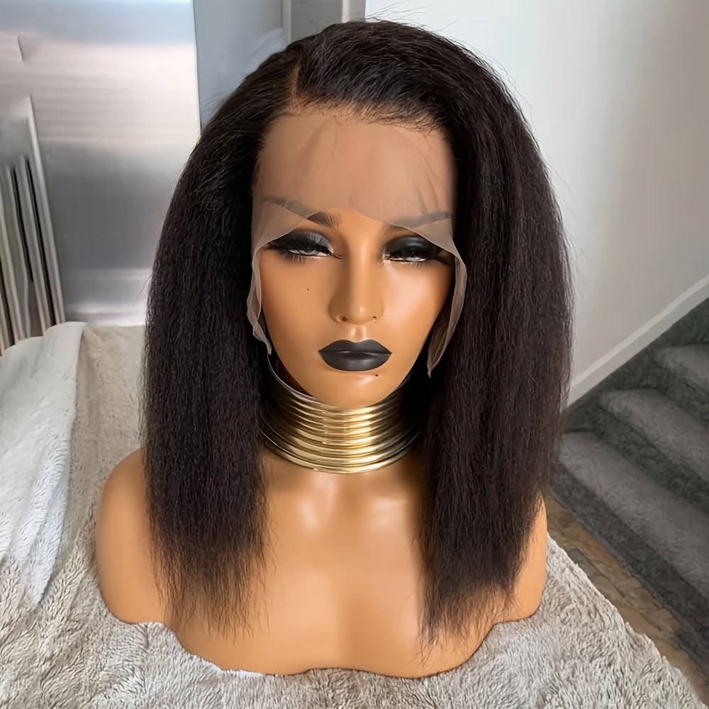 Image of 16 Inches Long Soft Black Kinky Straight Hair 180 Density Hair Wig Lace Front Wig, With Hair And For Women Use 13x4x1