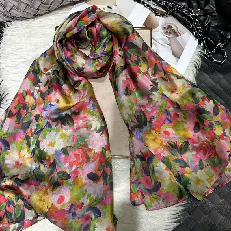 Women's 100% Silk Floral Print Scarf - Large Shawl with Vibrant Multicolor Flowers, Elegant Breathable Outdoor Fashion Accessory, Hand Washable, Hair Scarf, Sophisticated Style, Lightweight Fabric 0