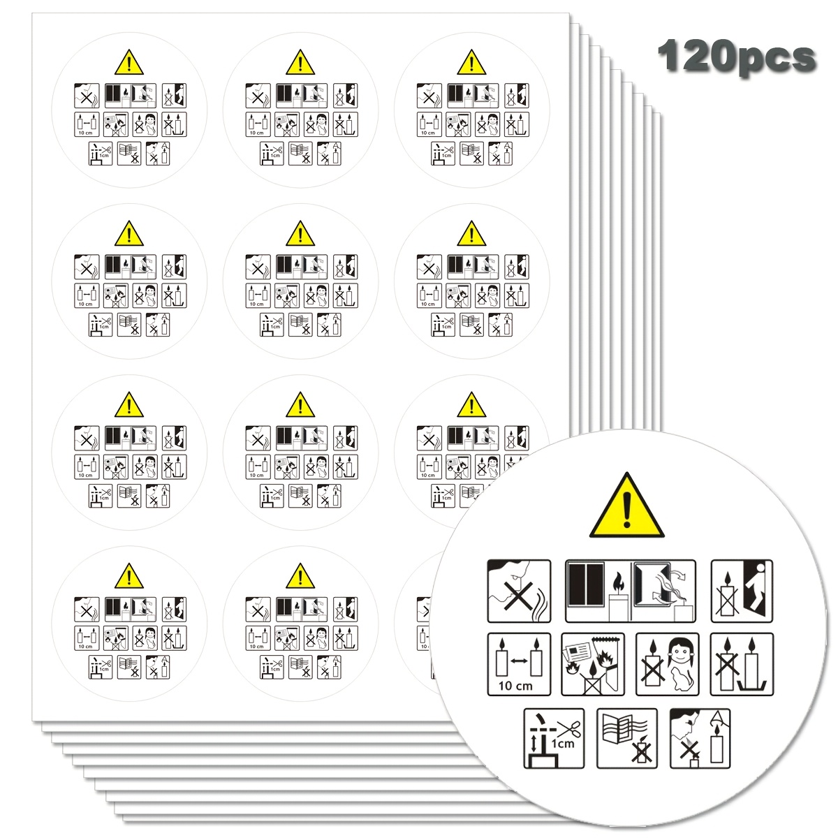 Image of 120pcs Candle Safety Labels - 1.65 Inch Round Stickers With Hazard Symbols For Candle Making, Standard , Paper Material, Hazard Label Stickers | Design | Paper Construction