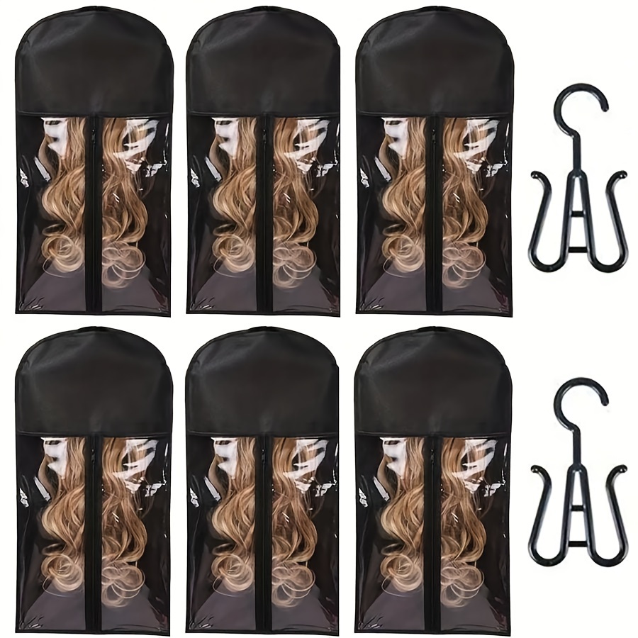 

3/6pcs Premium Wig Storage Bags With Sturdy Metal Hangers - Black For Multiple Wigs & Hair Extensions - Organizer Cases For Long, Curly, Or Straight Hair, Wig Accessories