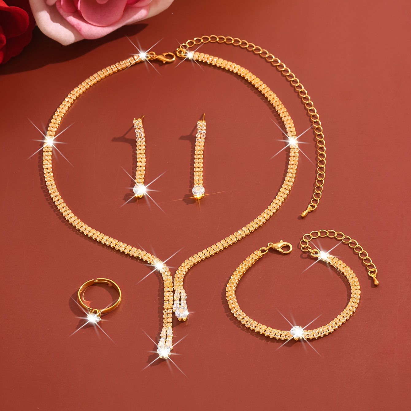 1 Conjunto de Joias de Noiva, Colar de Strass, Brincos, Anel, Pulseira 2