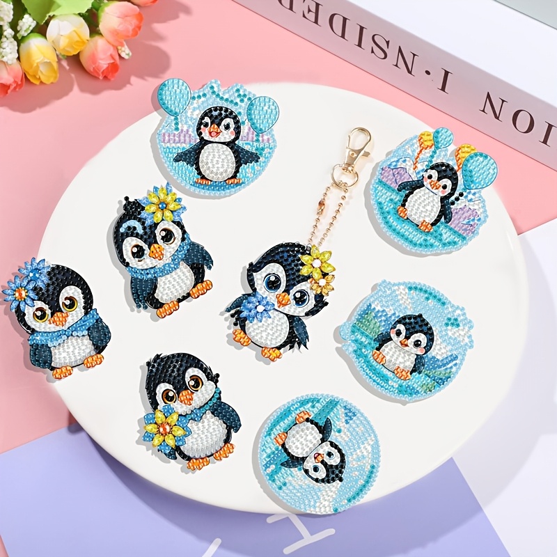 

8-pack Penguin Diamond Painting Keychain Kit, 5d Diy Acrylic Irregular Shaped Diamond Art, Double-sided Penguin Charm Pendant, Handcrafted For Adults, With Christmas Holiday Party Decorations