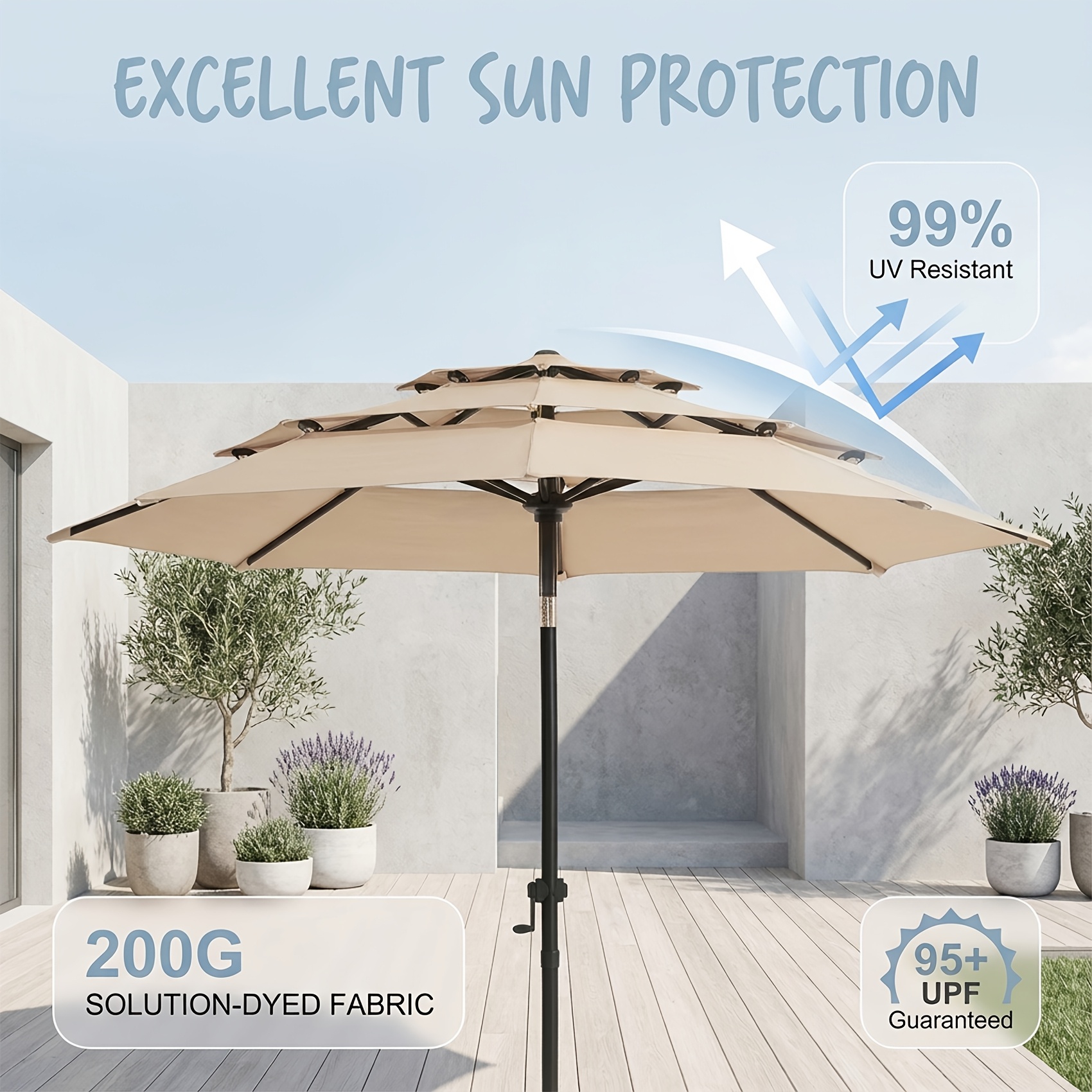 10Ft 3 Tiers Market Umbrella Patio Umbrella Outdoor Table Umbrella With Ventilation, Outdoor Umbrella For Patio, Pool Umbrella, Polyester Canopy, Suitable For Patio, Pool, Garden, Backyard, Deck, Base Not Include, Father'S Day Gift