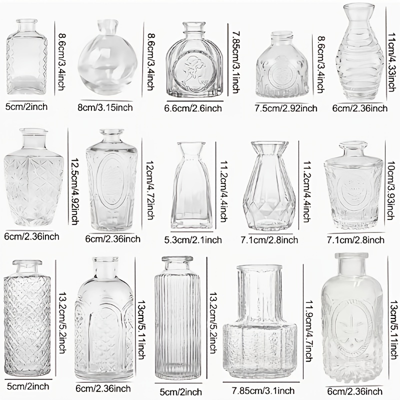 TEMU 15pcs Set Of Embossed Glass Transparent Small Vases, High-value Home Decoration Ornaments, Suitable For Placement On Dining Tables, Tv Cabinets,
