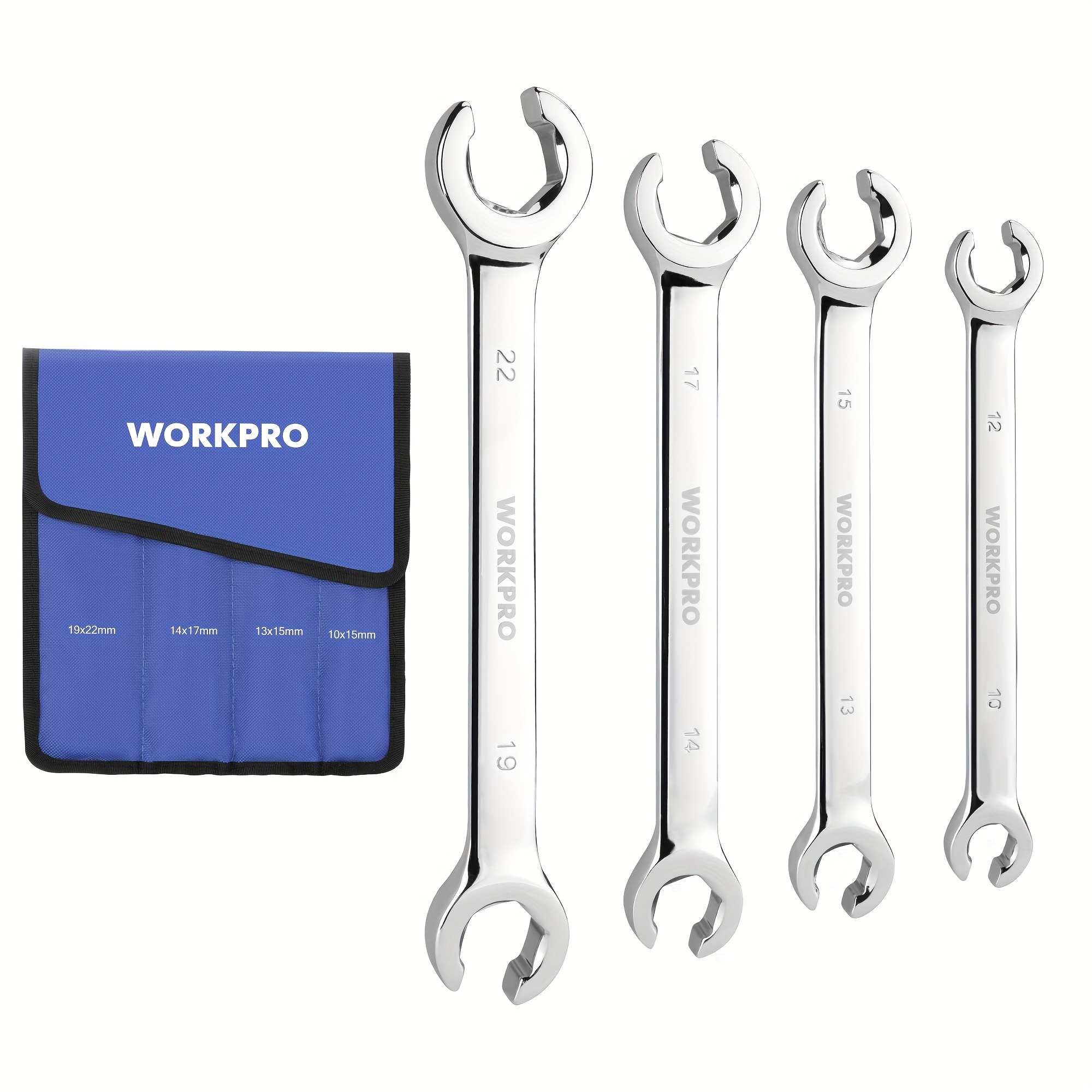 

Workpro 4pcs Flare Nut Wrench Set, Metric Brake Line Wrenches 10, 12, 13, 14, 15, 17, 19, 22mm, Cr-, 15° Head Tubing Wrench, Organizer Pouch Included