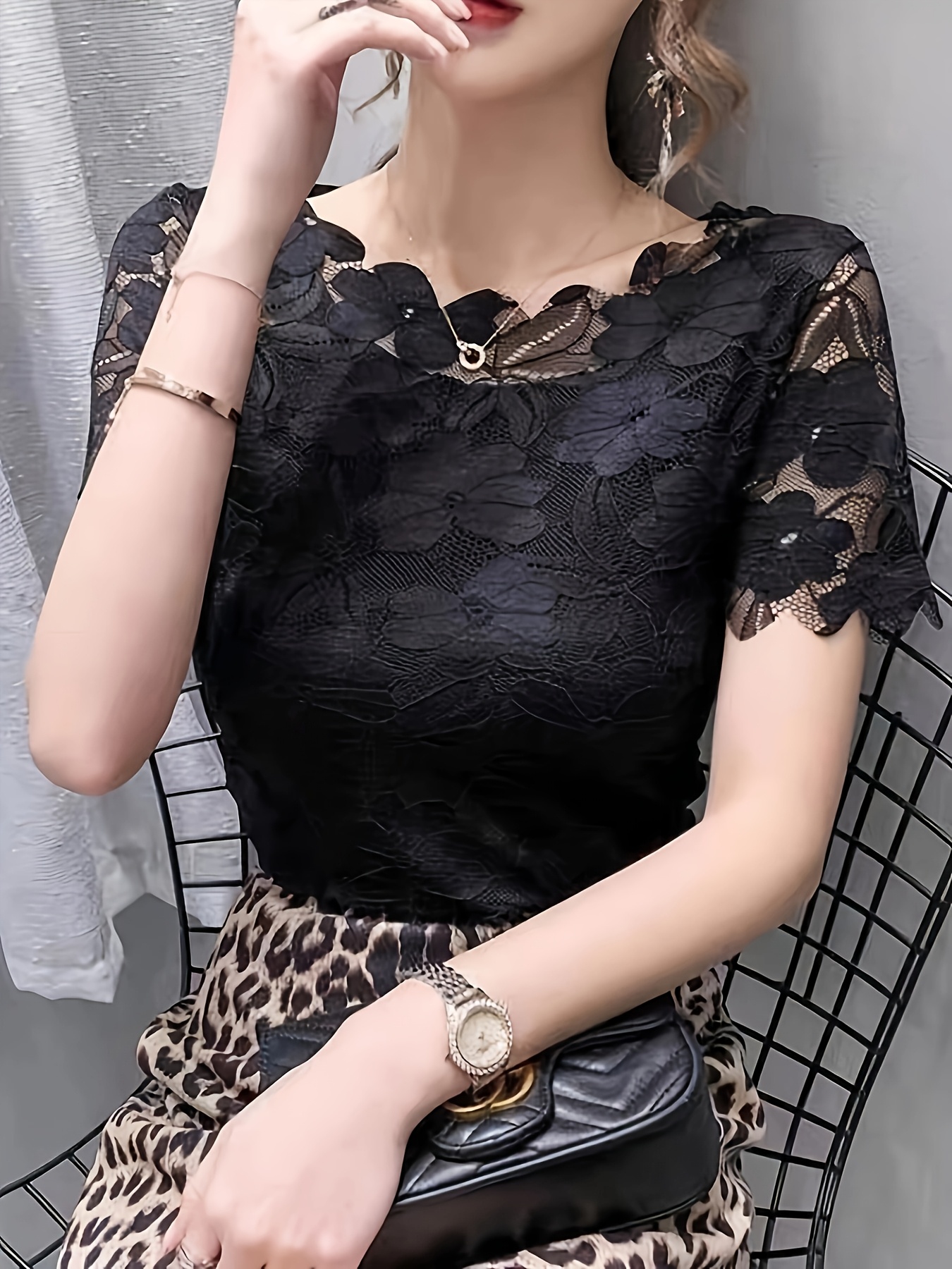 blusa negra encaje mujer detalles corte floral manga corta Temu