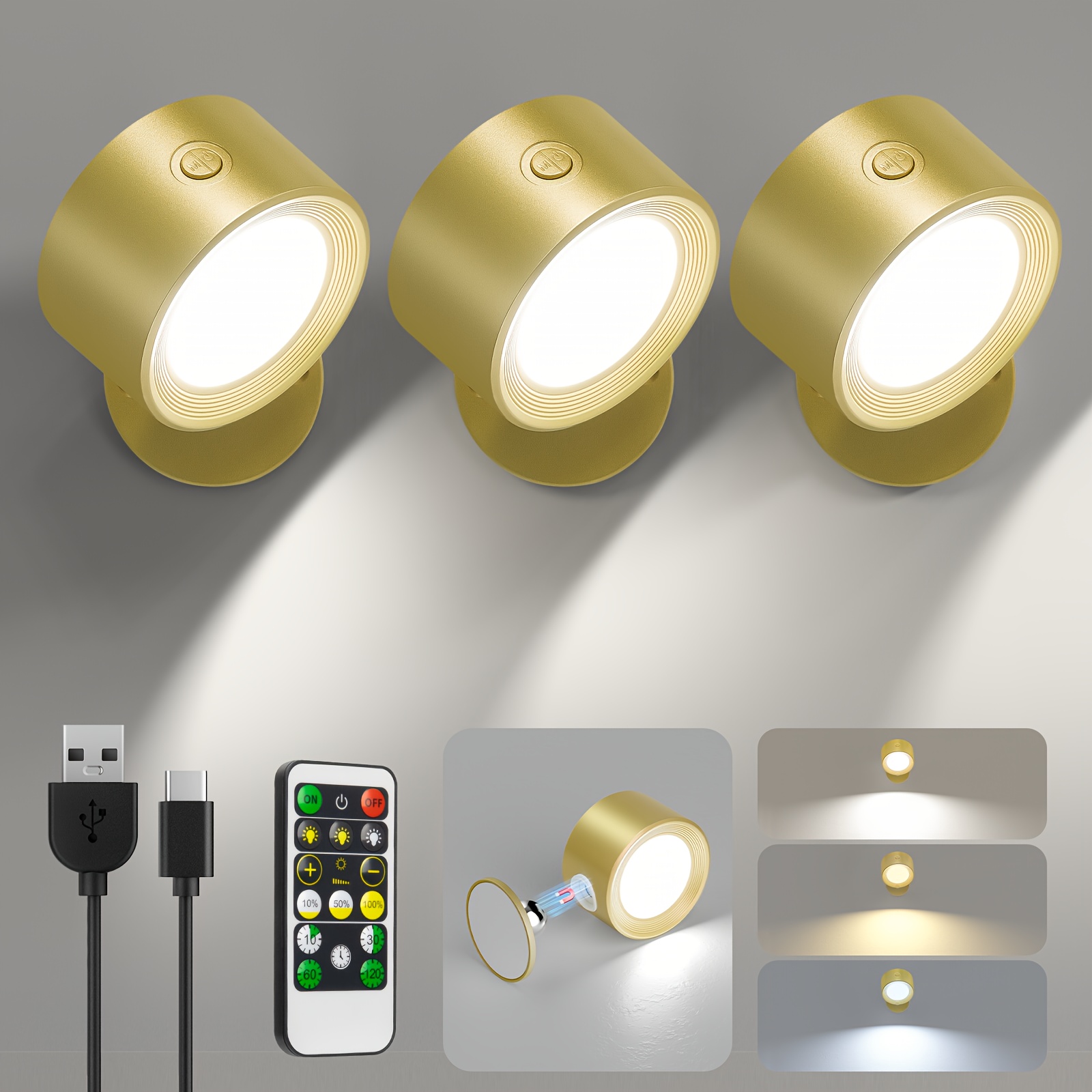

3 Pack Wireless Wall Lights, 3 Color Temperatures, Touch Control, Rechargeable Battery Powered, With Remote Control, Suitable For Living Room, Bedroom