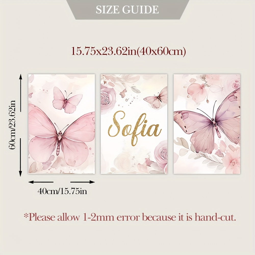 E-shop 2D Flach, 2D Flach, 3-teiliges Namenspersonalisiertes Schmetterlingsmodell Wandkunst Poster Wandkunst Rosa und Lila Schmetterling Blumenmotive