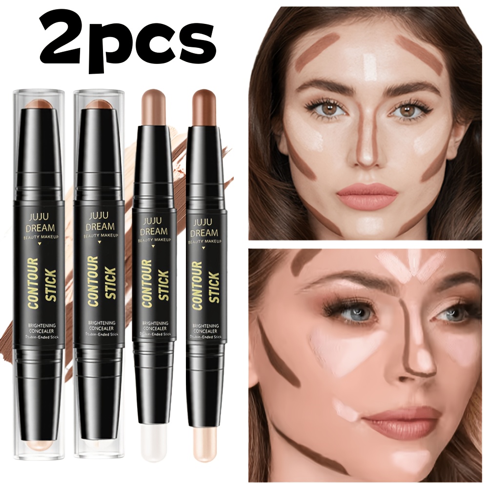 2pcs Dual-ended Stick Set - Creamy 3d Sculpting Makeup, Waterproof & Sweatproof Face Shaping Stick, Long-lasting Natural Finish, Easy Blend Concealer & Highlighter For Types