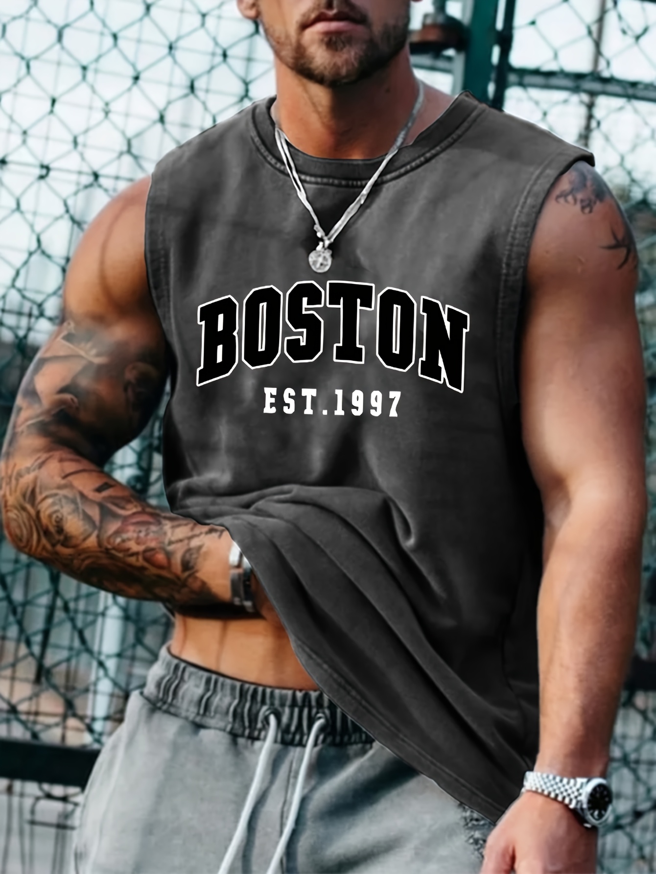 OBM Same Bond Men's Sleeveless Athletic Tank Top with Boston EST. 1997 Print - Black & Golden, Regular Fit, Machine Washable, All-Season Workout & Casual Wear, Sports Apparel, Sporty Look, Nontransparent Fabric
