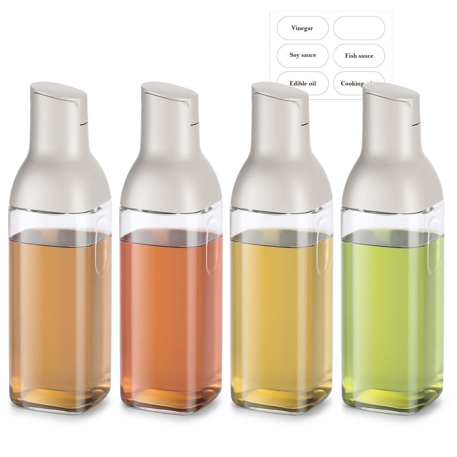 Image of 4pcs Glass Oil Jar 500ml Automatic Opening And Closing Kitchen Household No Hanging Oil Bucket Soy Sauce Vinegar Bottle Gravity Sensor Oil Bottle With Label, Cooking Oil Bottle