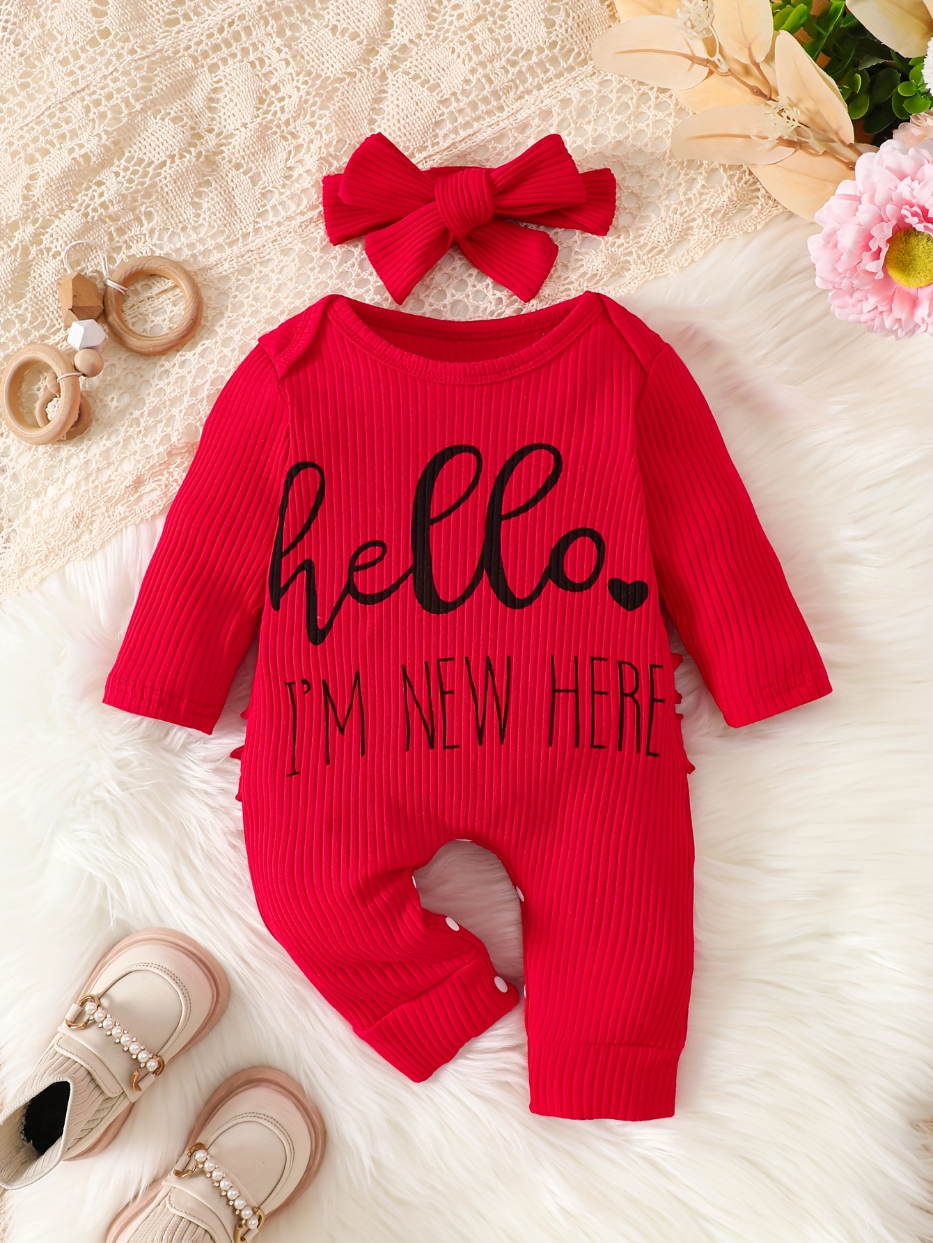 adorable girl clothing baby girl solid color red outfit with cute letter print headband casual playwear perfect gift for   for outdoor