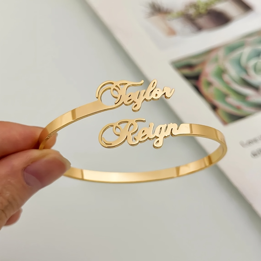 Image of Custom Bracelet, Stainless Steel Couple/ Name Bracelet, Stainless Steel Fashion Elegant Engraved Open Bangle, Friendship Bracelet, Women's Trendy Everyday Jewelry