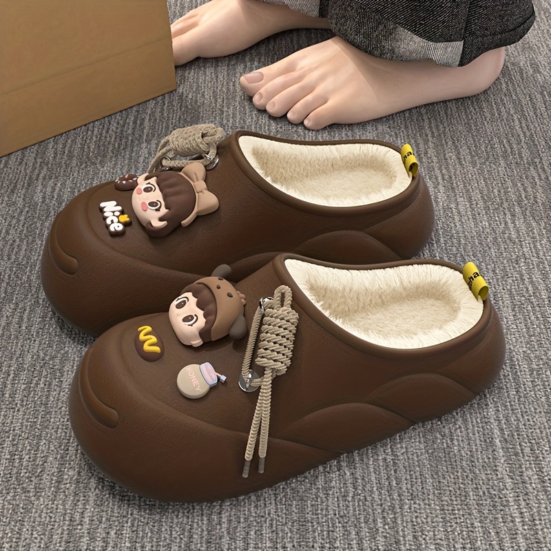 

Cozy Cartoon Men's Plush-lined Clogs With Soles - Eva Non-slip, Odor-resistant Slippers For Indoor & Outdoor Use, Fall/winter