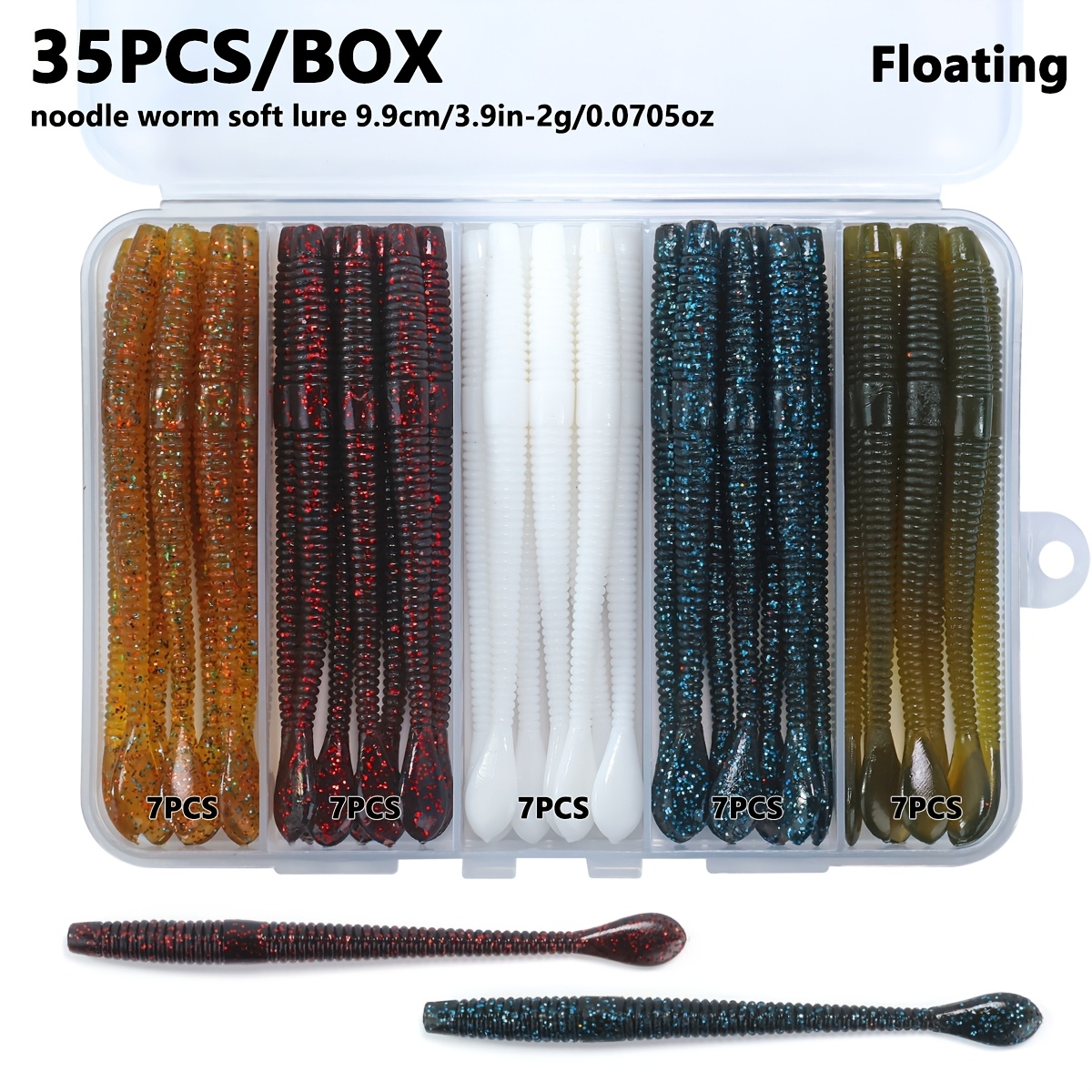 TEMU 35pcs Slim Long Soft Worm Lures - Multicolor Set, Tpe Material Simulates Earthworms And Worms - Floating/sinking Optional, 3.9in/2g Noodle Worm
