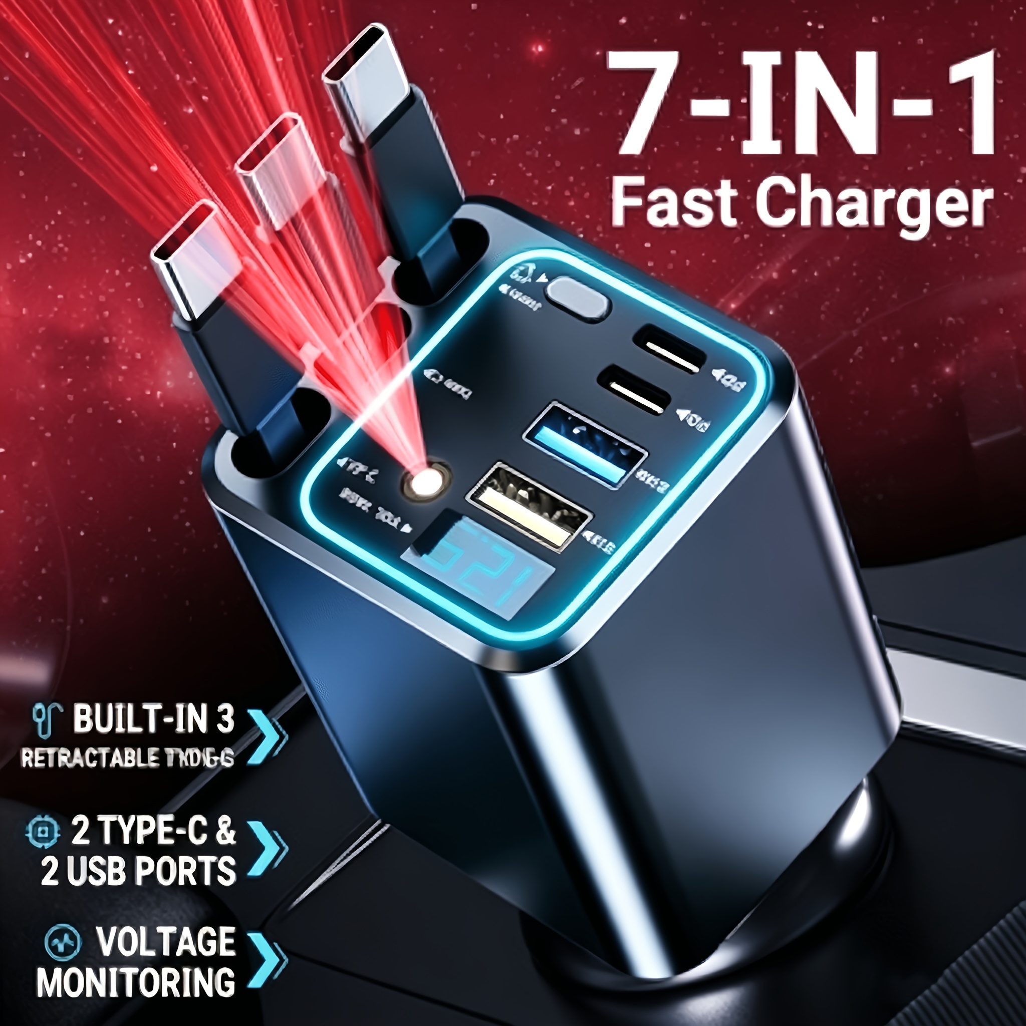 7-in-1 Car Fast Charging Mobile Phone Charger, Red Starry Shooting Lamp, 3 Extendable Cables, -c+2pd Fast Charging Port, Suitable For All Vehicles, 180° Free , Led Display Screen, Applicable