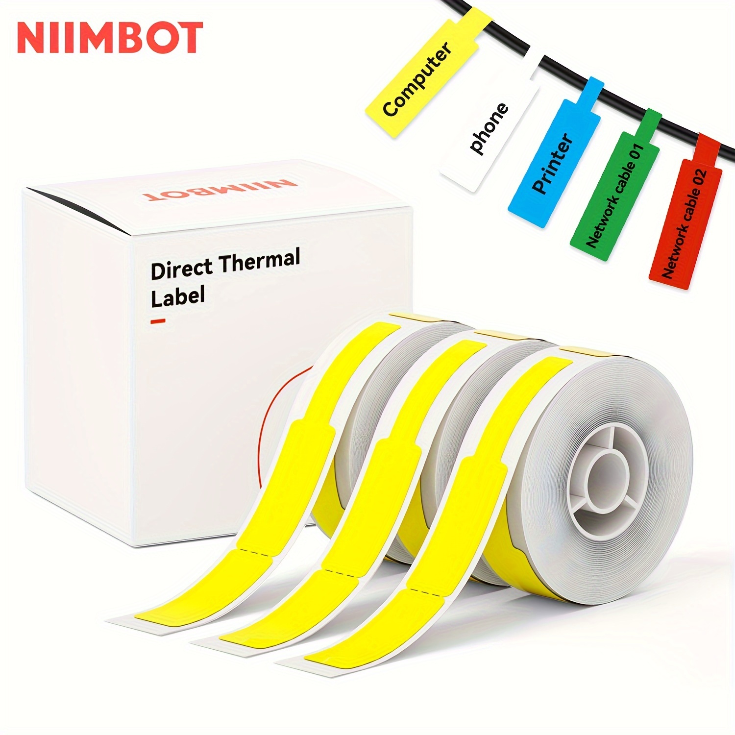 

3 Roll, Niimbot Cables Labels For D11/d110/d101/h1s Label Printer, Direct Thermal Label For Cable/wire/jewerly, Sticker Label 12.5mmx74mm+35mm (0.49" X 4.29"), 65 Labels/roll, Solid Color