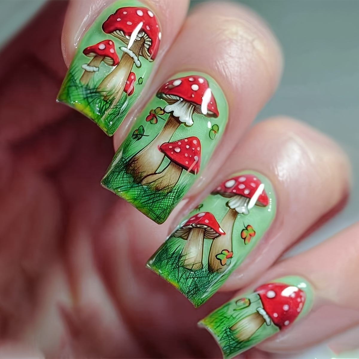 

24pcs Grass & Red Mushroom Press-on Nails - Short Square False Nails With Jelly Adhesive & Nail File Included