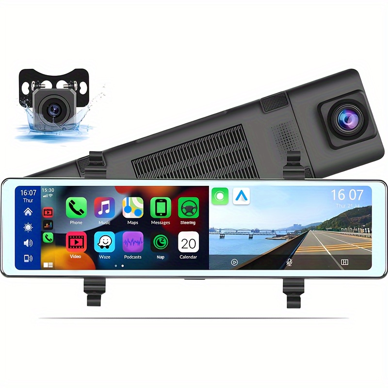 

Wireless Ios Carplayer Dashcam With Front Camera Support Android Auto Fm Transmitter/split Screen/voice Control/loop Recording, Car Dash Cam With Aux Cable & 64g Tf Card