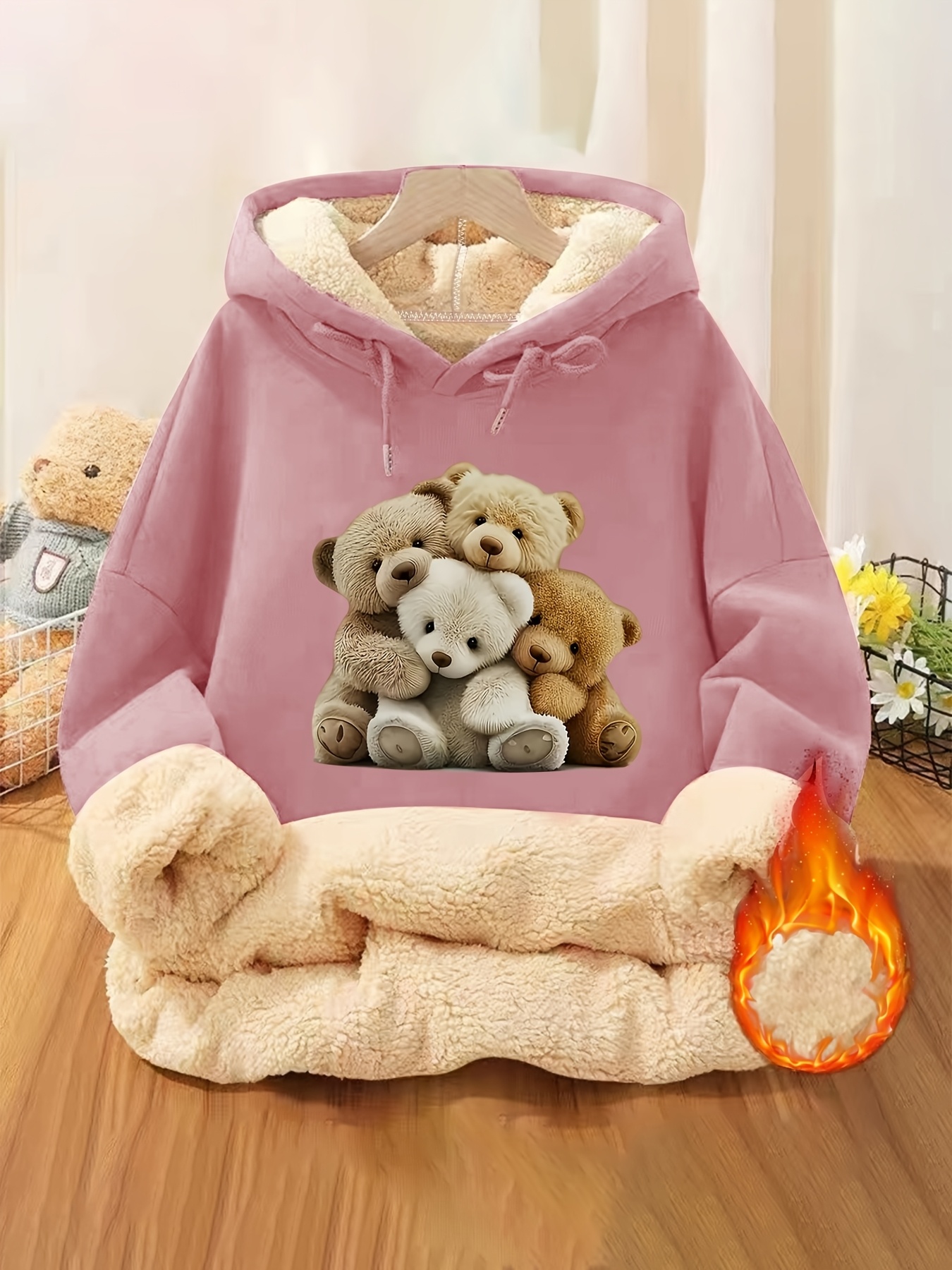 Cozy Cute Teddy Bear Print Women's Hoodie Plush Fleece-Lined Casual  Sweatshirt with Pockets, Drawstring Hood Fall/* Swe