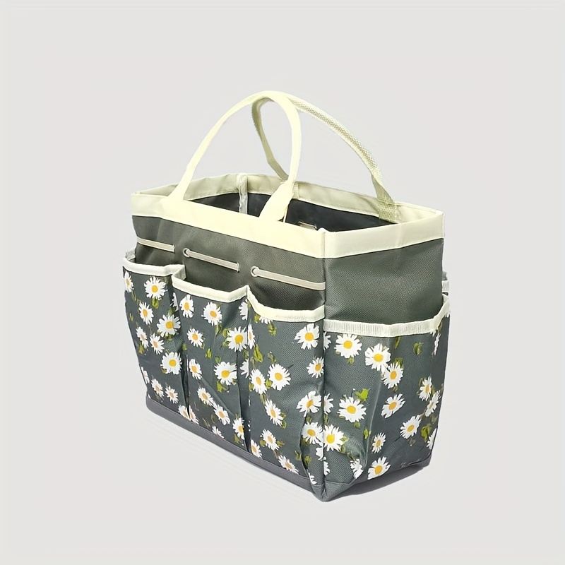 TEMU Multi-pocket Daisy Print Tool Tote, Style Fabric Organizer Caddy, Portable Floral Pattern Storage Bag For Home & Outdoor Use