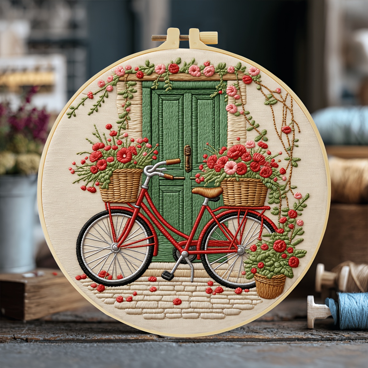 TEMU 1pc Embroidery Kit, 20x20cm/7.9x7.9inch, Flower Bicycle, Handmade Diy Embroidery Kit, Suitable For Diy Embroidery Lovers For Adult Beginners,