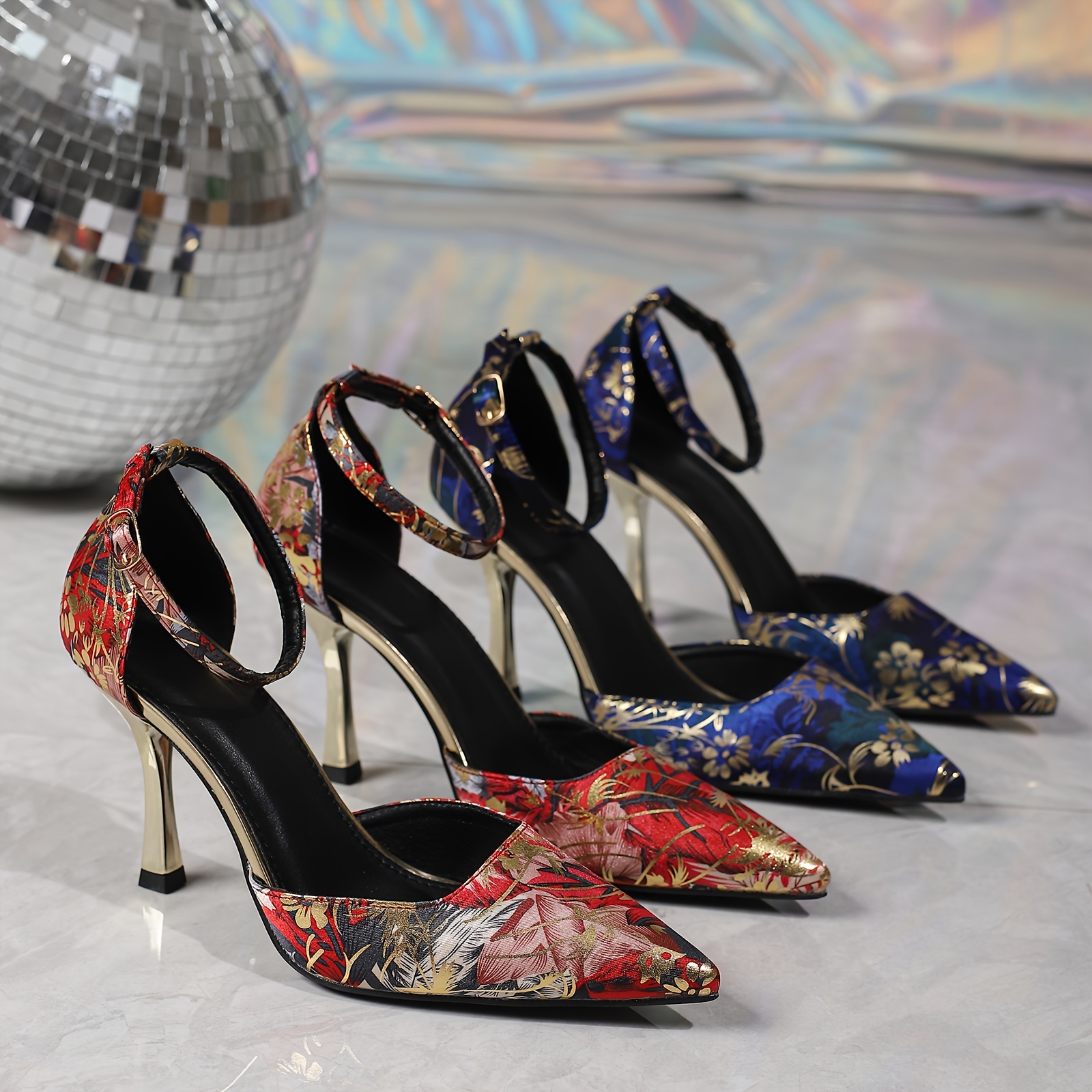 Elegant Women's Floral Print High Heels with Ankle Strap Retro Pointed  Toe, Flared Heel, Mesh Upper Cover Interior, TPU Sole, Sti