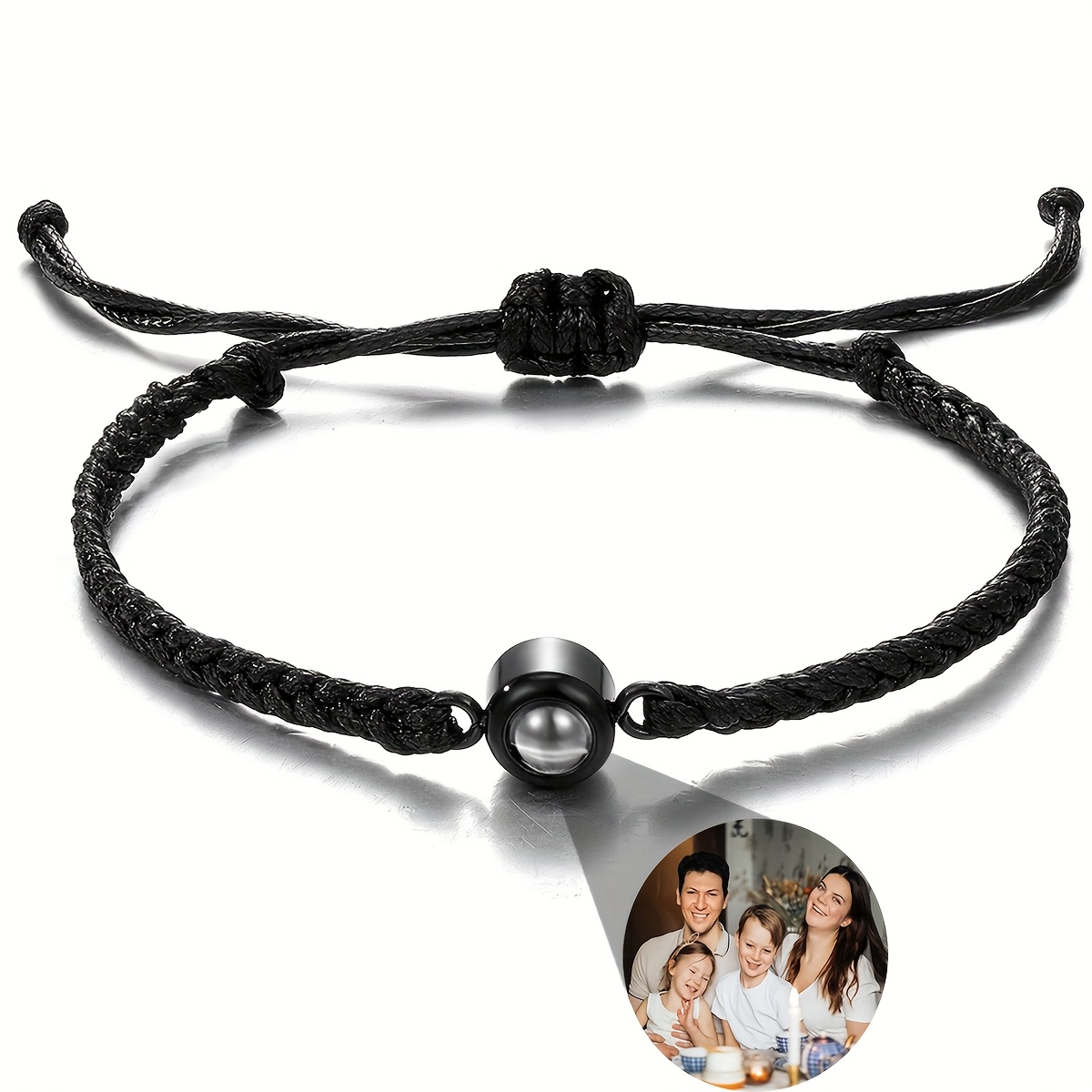 TEMU Custom Photo Projection Bracelet, Black Braided Projection Bracelet, Stainless Steel Round Photo Projection Bangle, Adjustable Custom Couple