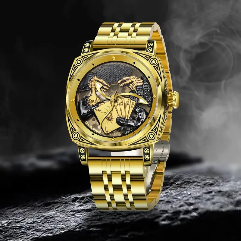 mens skeleton automatic watch vintage mechanical movement case with intricate engravings black dial roman stainless steel strap elegant for men luxury watch without battery Product details 1
