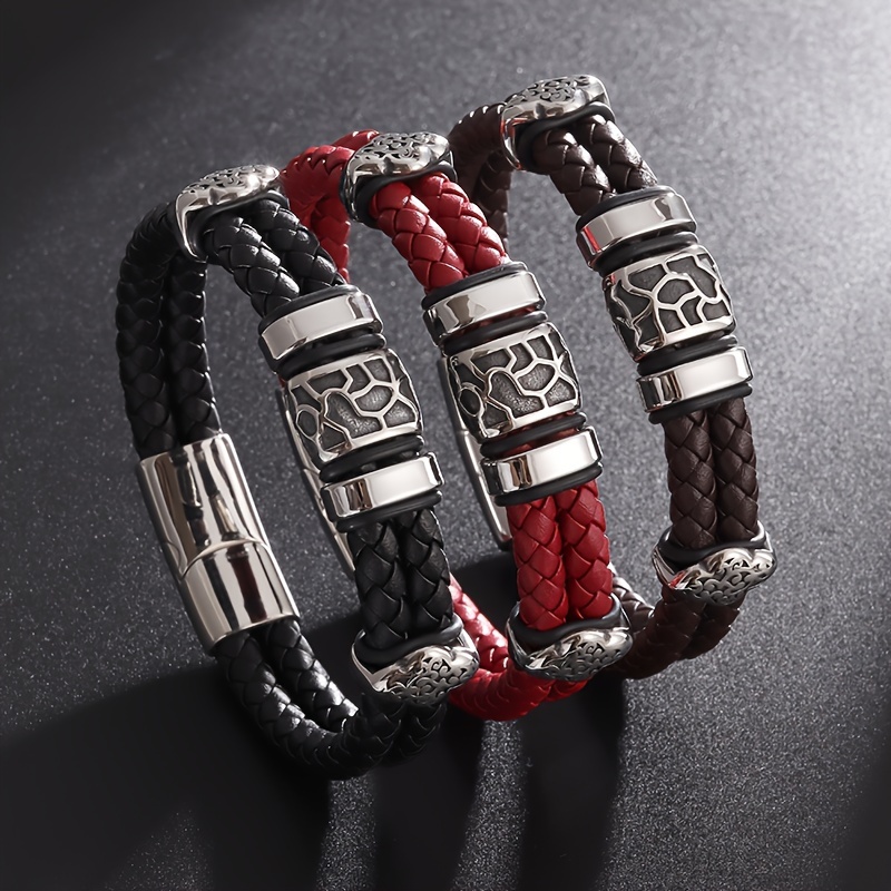 

1pc Trendy Leather Bracelet Buckle Double Row Multilayer Braided Wrist Men Business Casual Charm Jewelry Gift