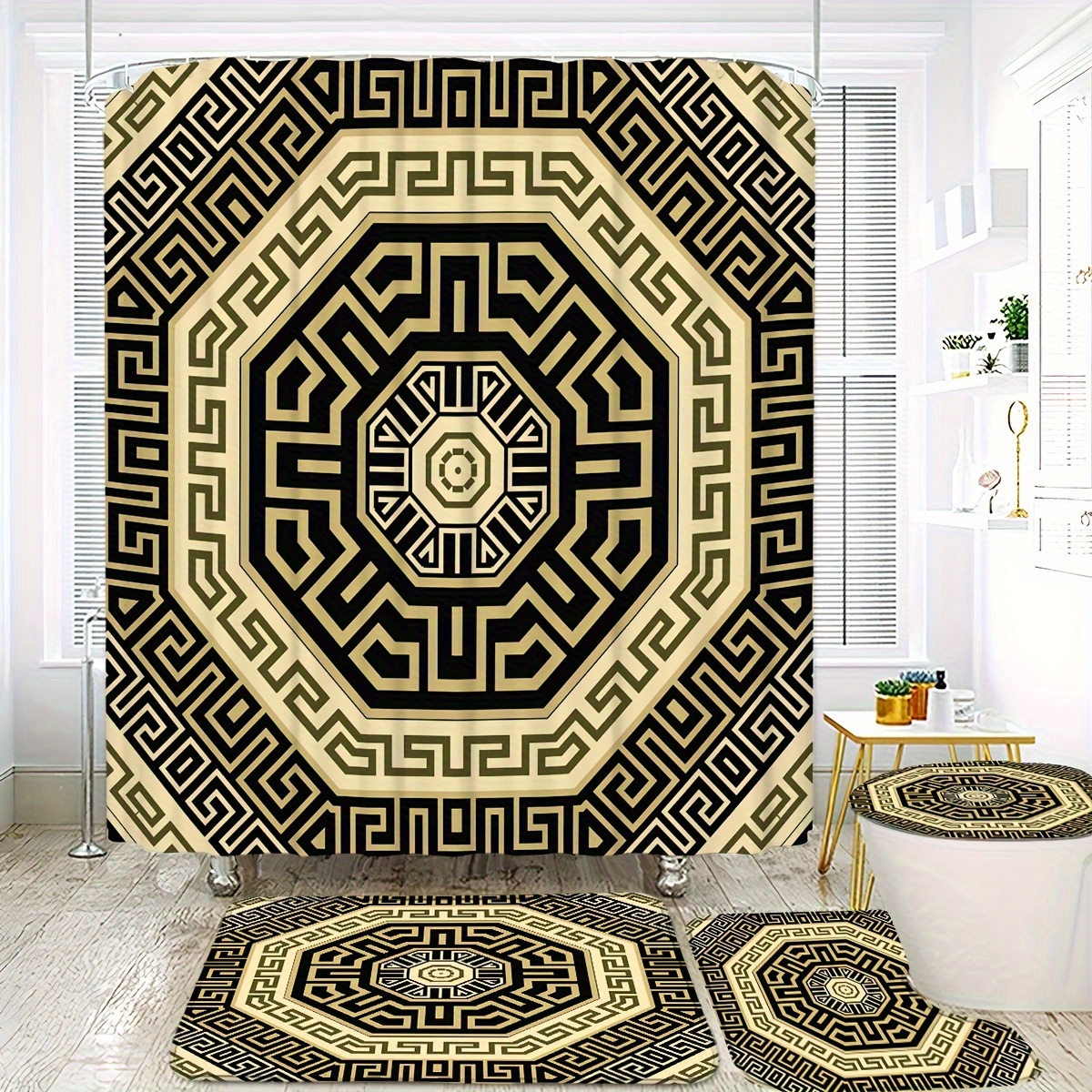 

Elegant Geometric Bath Set: Black And Gold Shower Curtain, Bath Mat, U-shaped Rug, Toilet Seat Cover, And Hooks - A Luxurious Bathroom Experience