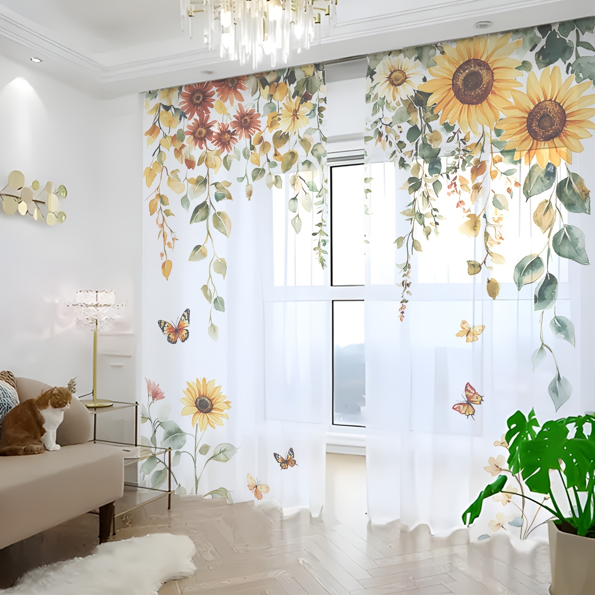 TEMU 2pcs Home Decor Sheer Curtains, Watercolor Sunflower Print Semi-sheer Window Drapes With Accents, Rustic Style, Warm And Romantic Essential For