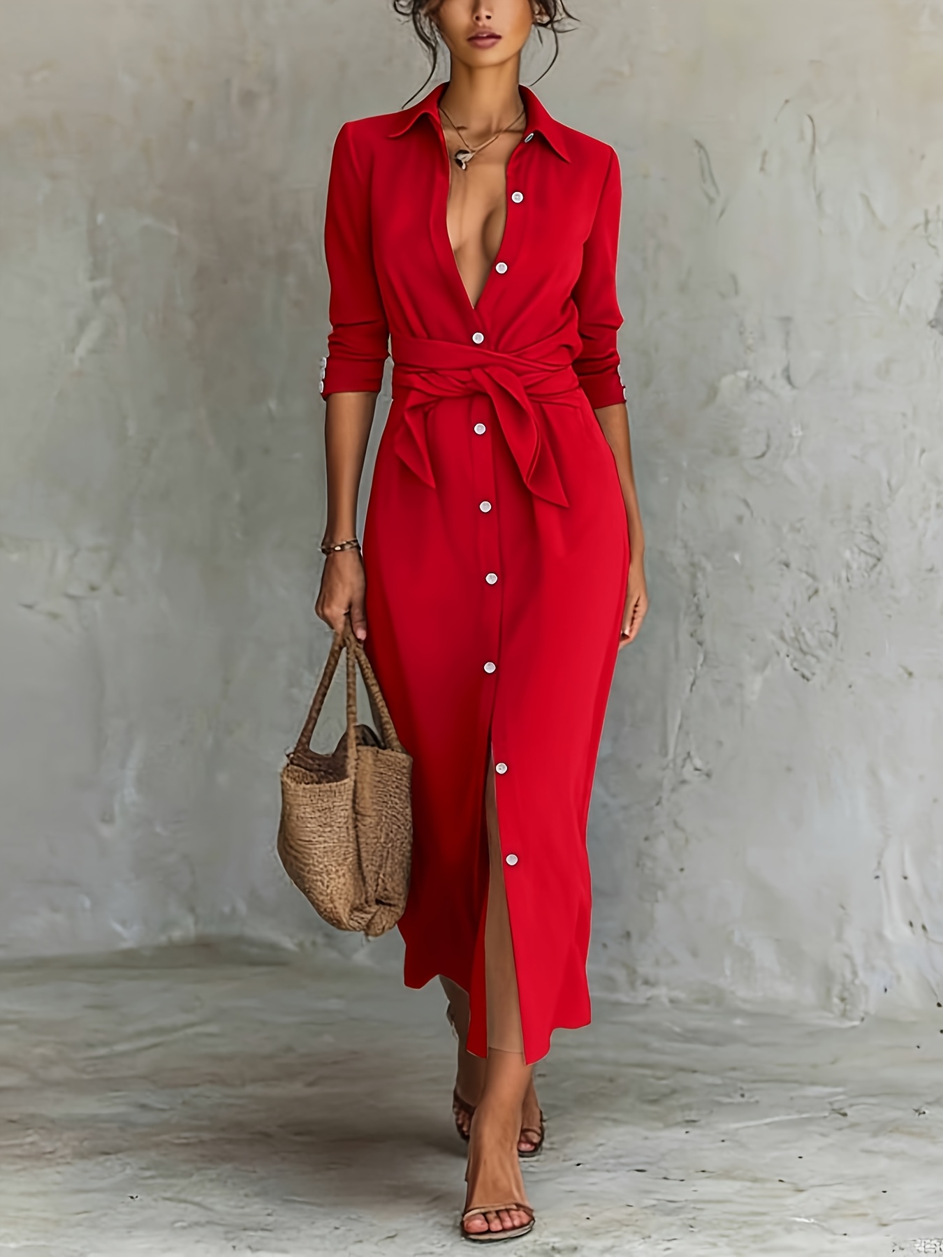 chinese dress ladies Berylove Women Navy Business Casual Dress with Sash Long Sleeve A-Line Satin Tea Length Work Dress, Navy / US20W main image 0