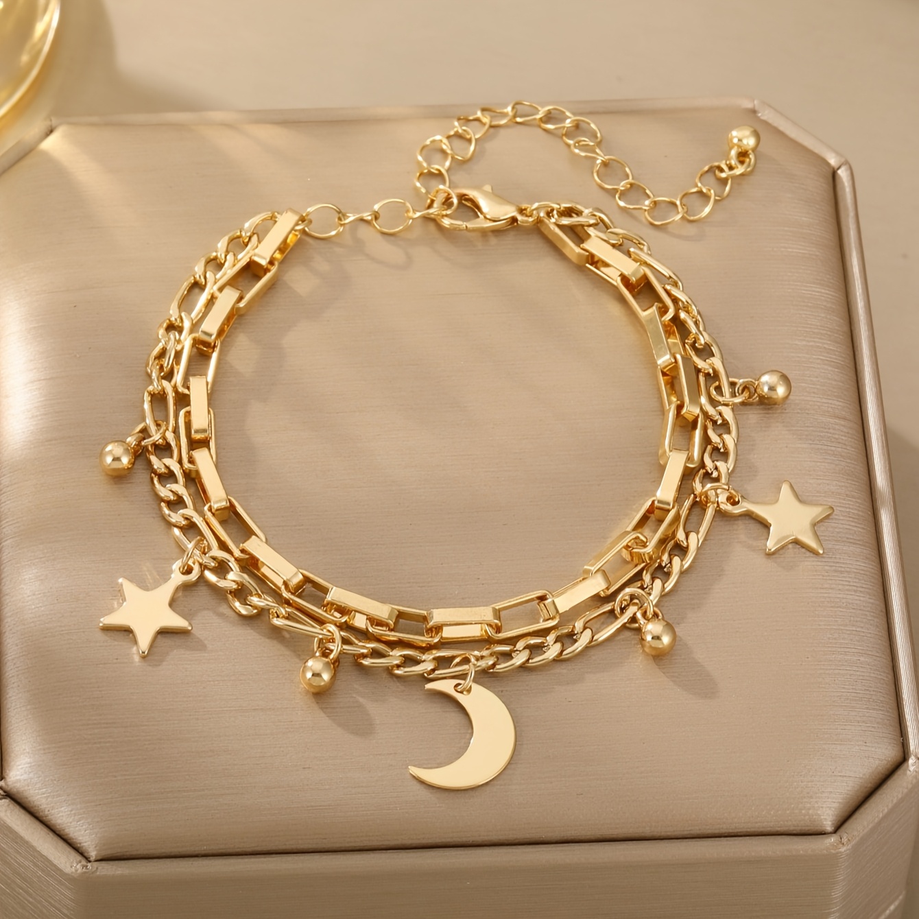 Star And Moon Square Chain Double Layer Bracelet, No Gift Box, For Teenager