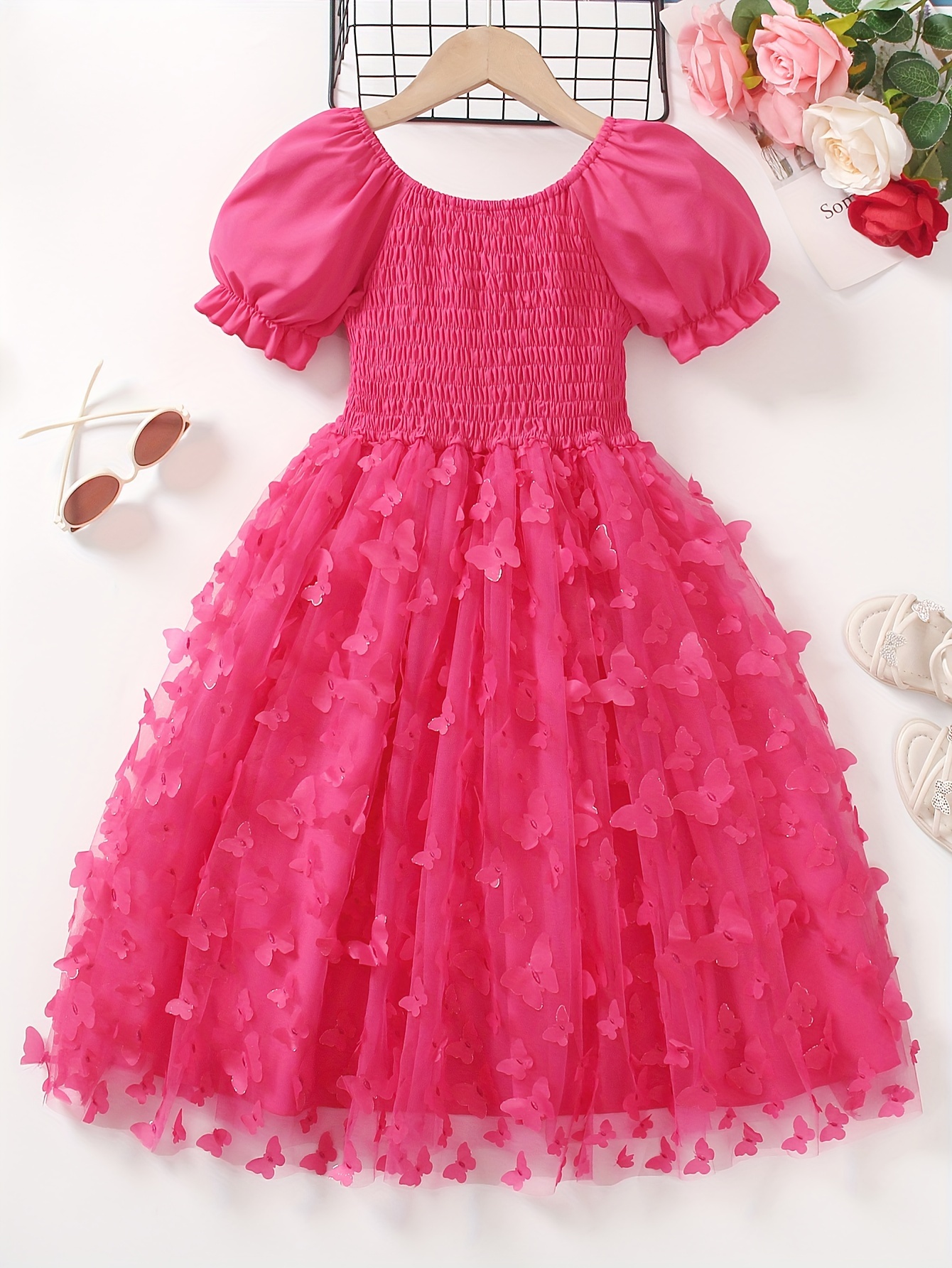 girls adorable butterfly appliques princess dress ruched sleeve mesh stitching smocked dresses