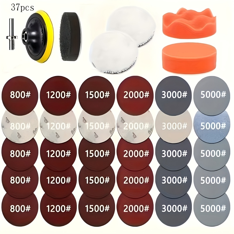 E-shop 37/69-teiliges 3-Zoll Auto Polier- und Wachsset, mit M10 Bohrmaschinenadapter und Schleifschwamm - Körnung 1200 bis 15000 (Schritt für Schritt)