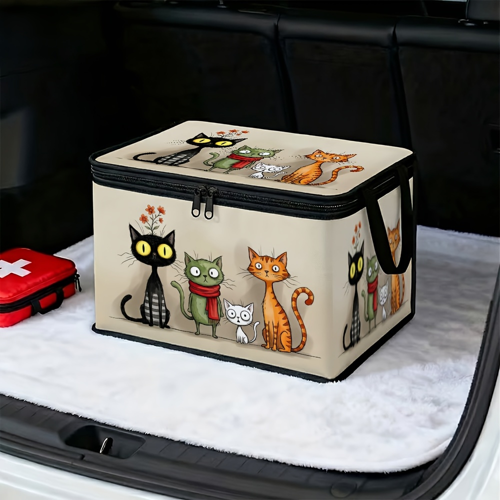 TEMU 1pc Whimsical Animal Pattern Large Capacity Foldable Storage Box With Lid, (cat Group Cartoon Pattern), With Secure Zipper For Clothing, Towels,