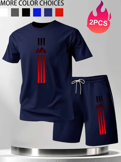 mens red striped print breathable set quick dry short sleeve shorts 2pcs set cool and sweat casual sportswear breathable and moisture wicking for commuting and leisure wrinkle care for daily wear