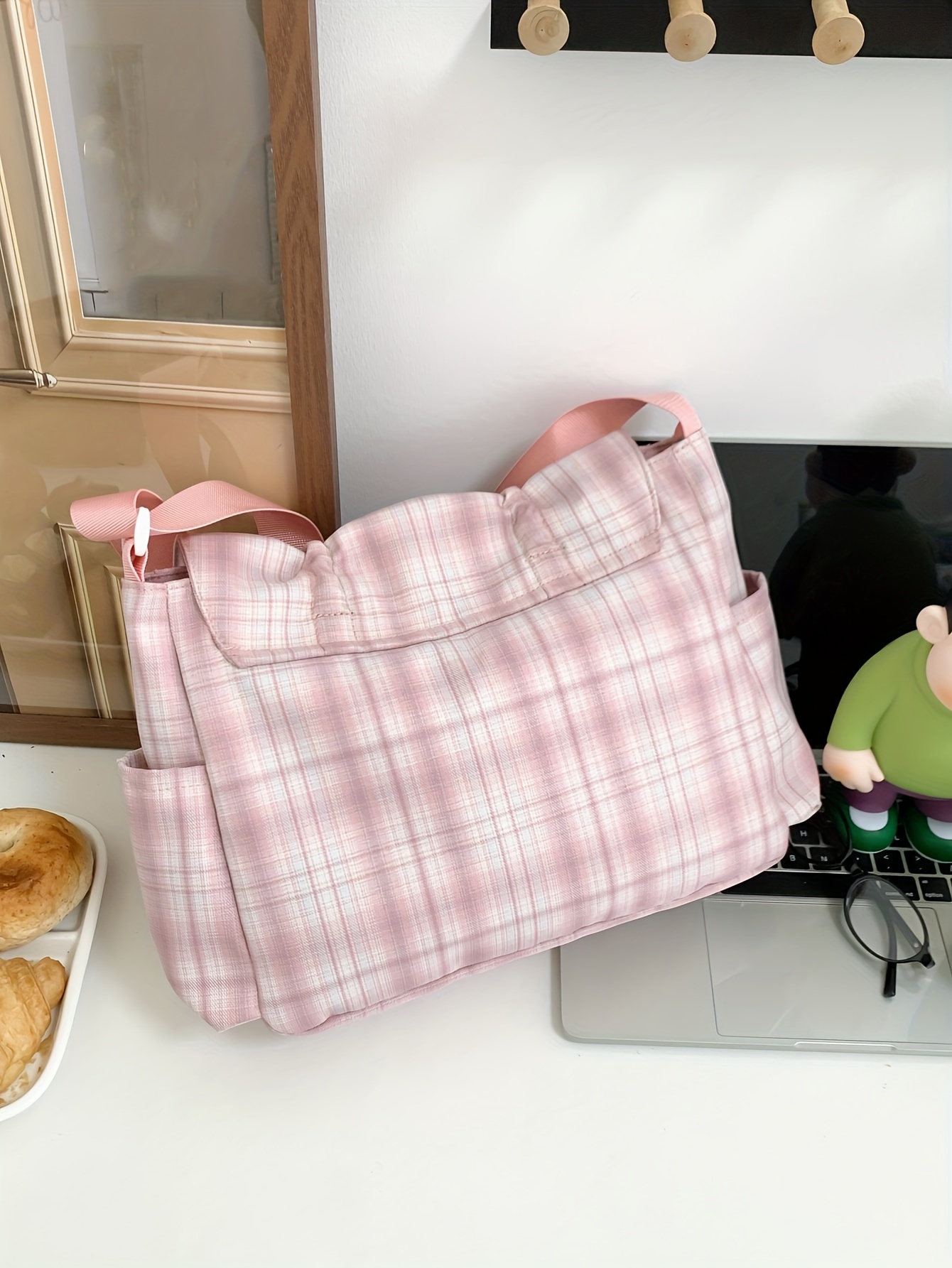 Hellrosa Umhängetasche Im Preppy-stil Mit Karomuster Und Schleife_voghion.com