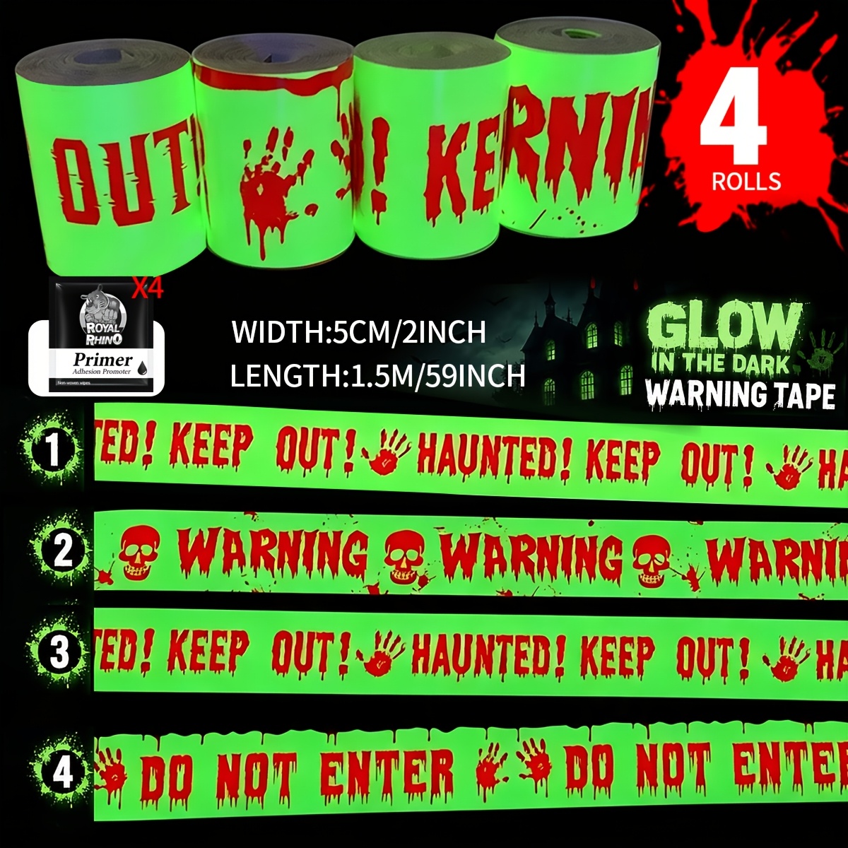 TEMU Royalrhino 4 Rolls Creative Halloween Glow In The Dark Adhesive Sheets Set, 4 Pattern Craft Tapes With 4 Packs Adhesive, 1.97in X 1.5m Per Roll,