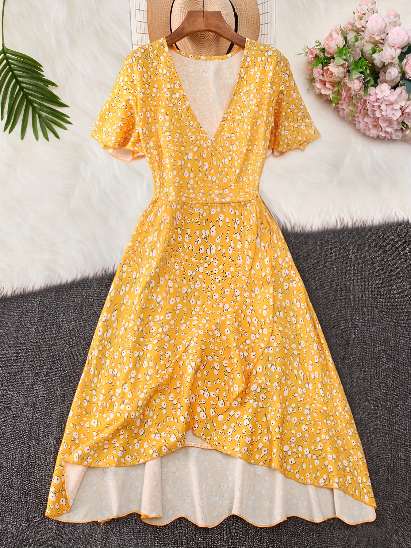 yellow floral dress formal Yellow 1950's Prom Dress, Formal Gown with Side Split in floral Jacqua –  Lives of Sirens main image 0