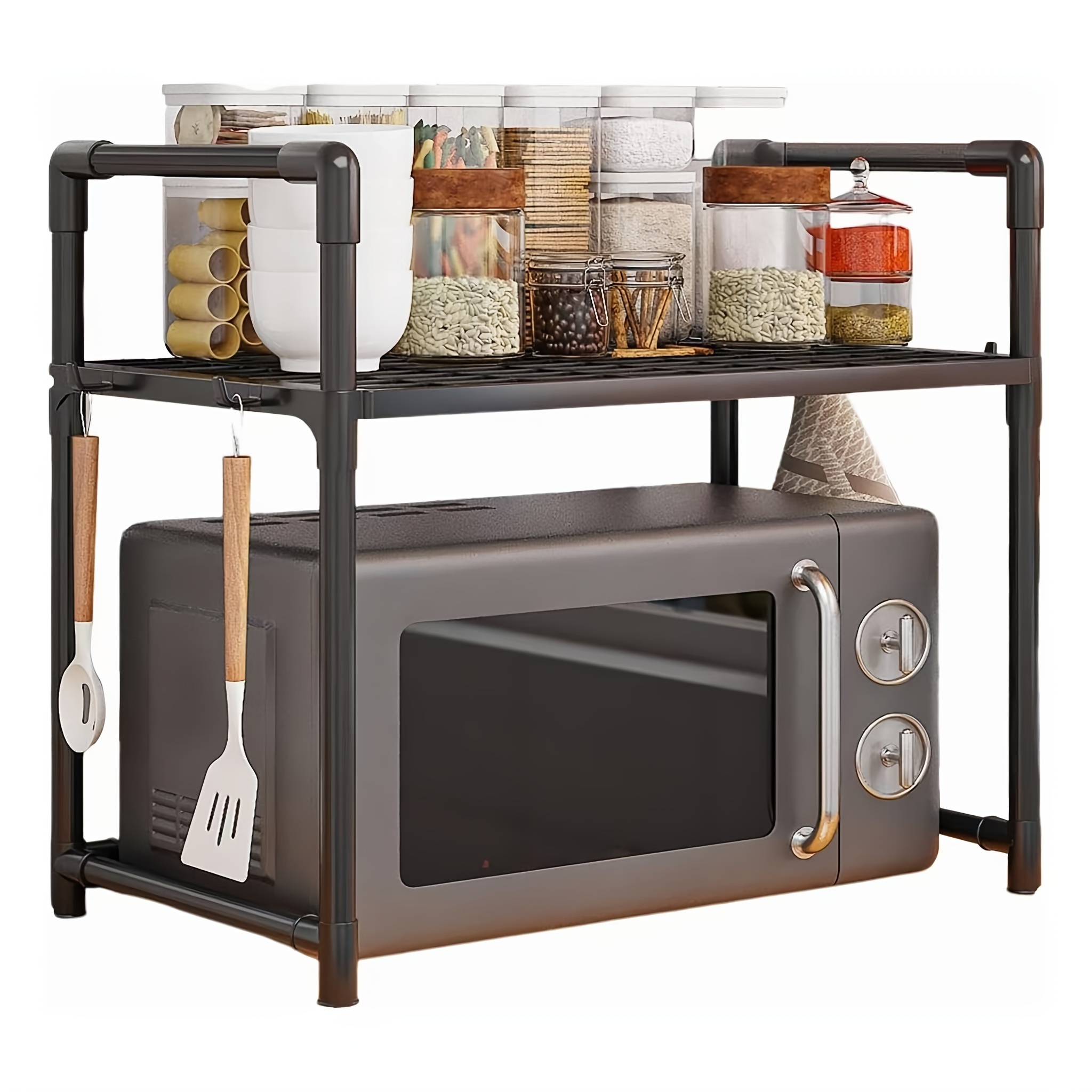 TEMU Adjustable Microwave Stand: Countertop Organizer, Heavy Duty Kitchen Shelf With Hooks - Lifevilion Brand