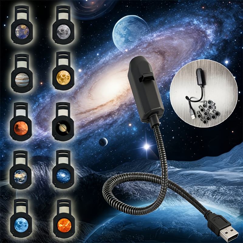 E-shop 10 Muster LED Planetenprojektor Lampe, Erde/Merkur//Saturn/Mond LED Projektionslicht, USB-betrieben, 360° drehbar, für Schlafzimmerdecken