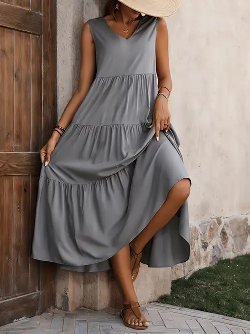 loose day dresses Wycnly Formal Dresses for Women Loose Swing One Shoulder Long Dress Slash Neck Sleeveless Solid Summer Maxi Dresses Coffee S Clothes