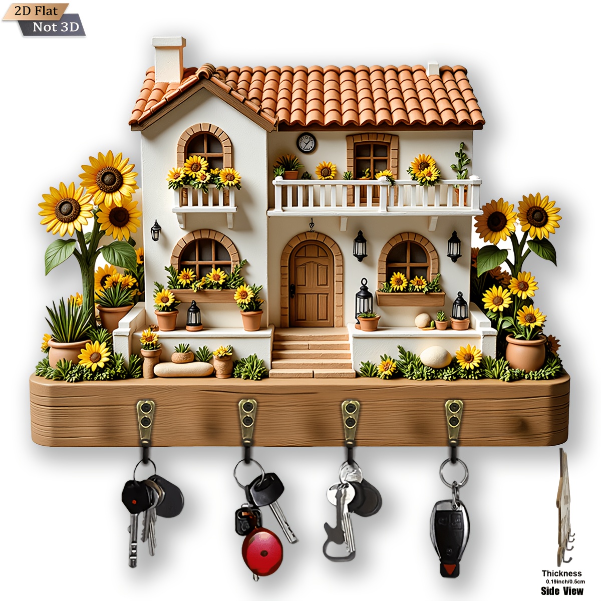 TEMU 2d Flat, 1pc, Sunflower Cottage Themed Key Holder, Wooden Multi-functional Home Key Rack With 4 Metal Hooks, Wall Decor, Porch Decor, Room Decor, Villa Decor, Home Decoration, 2d Flat
