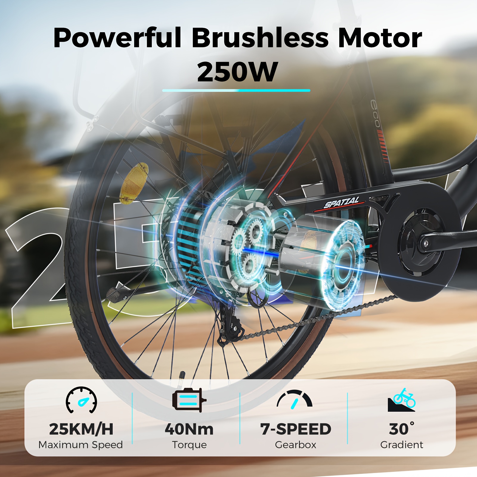 SPATIAL Shiny Adult E-Bike, 250W Motor, 25KM/H, 36V13Ah Removable Battery, 46-70KM Range, Ideal for Commute/Campus/Daily Use