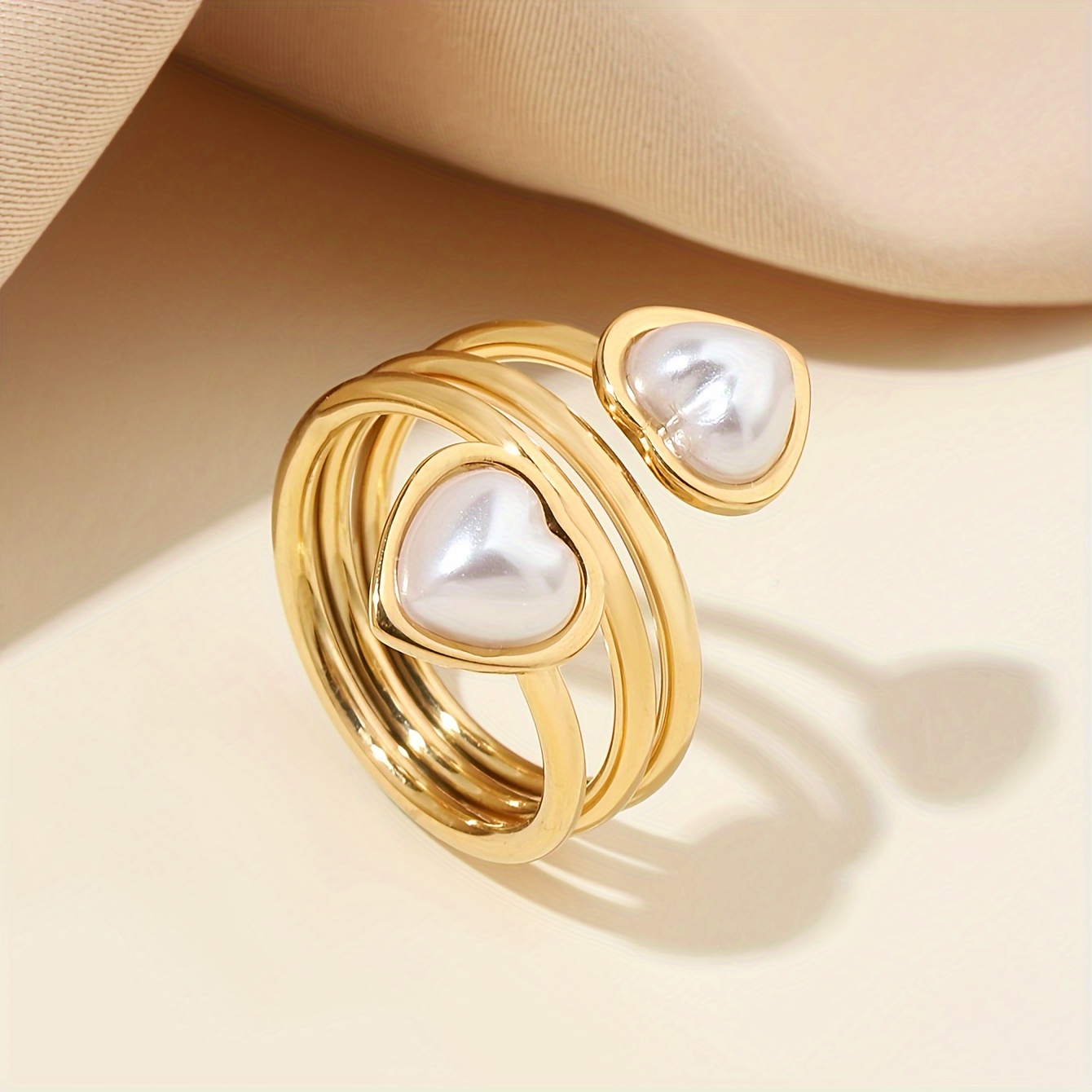 

1pc Elegant 18k Golden Plated Stainless Steel Ring With Synthetic Heart-shaped Pearl, Cute Fashionable Design For Women, , Vacation, Valentine's Day, Parties, And Dates