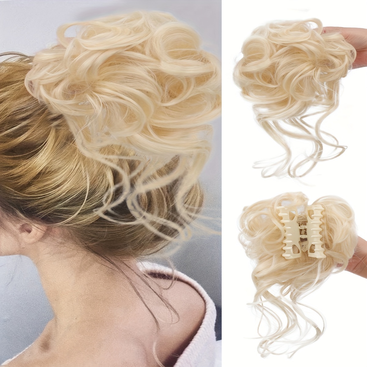 Image of Chic Messy Curly Claw Clip Hair Bun - Versatile Synthetic Hairpiece For Women, Perfect For