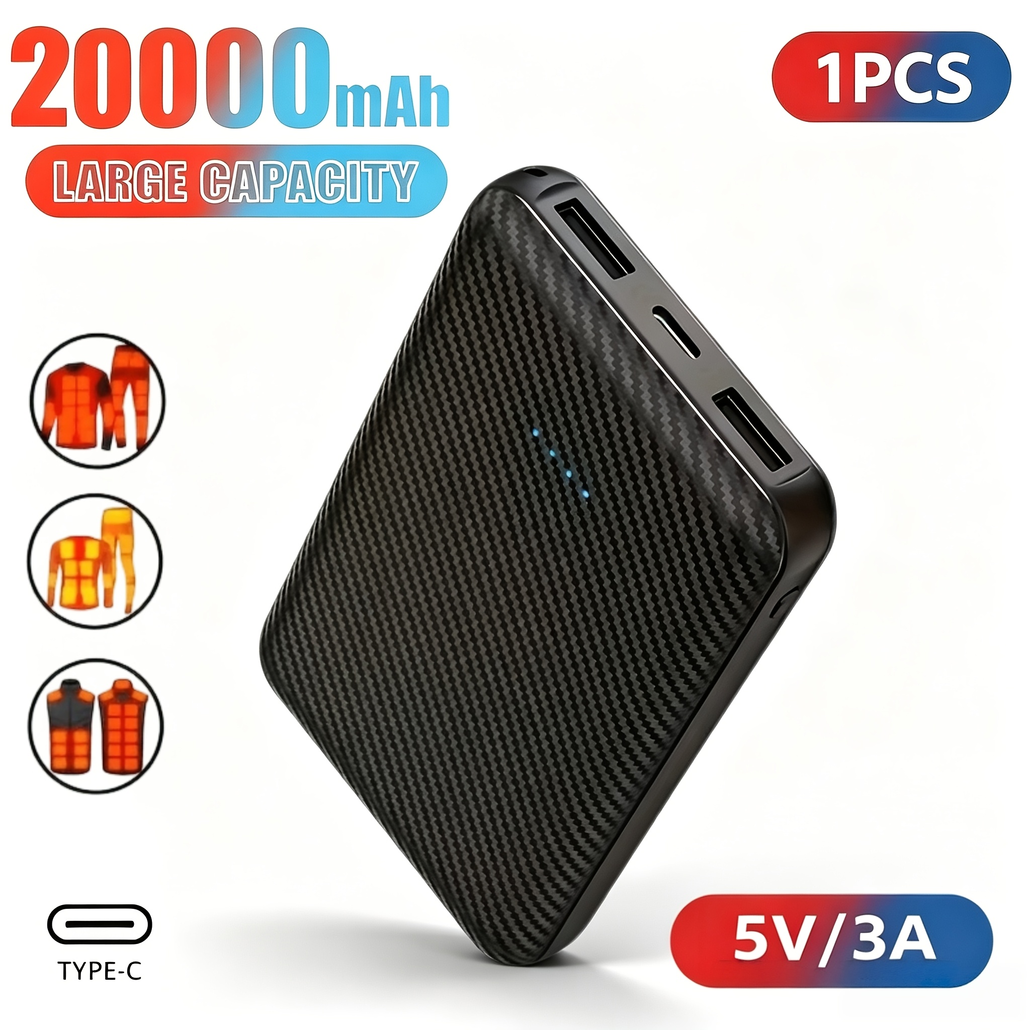 TEMU Chaleco Calefactor con de Energía de 20000Mah, de 5V 3A, Cargador de Batería Externa para Chaqueta Calefactora, Bufanda Calefactora de Invierno,