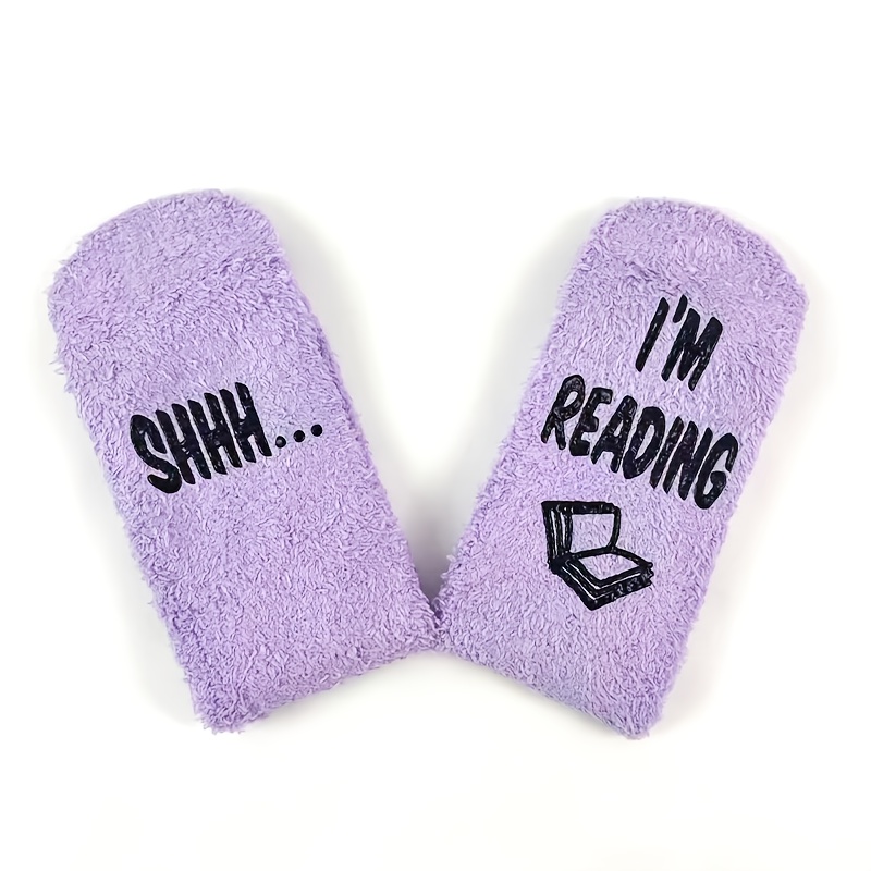 Image of 1 Pair Multicolor Autumn Winter Warm Plush Socks, Optional, Printed With "shhh... I'm Reading" Letters, Soft And Comfortable, Essential For Book Lovers, . Best Gift For Book Lovers